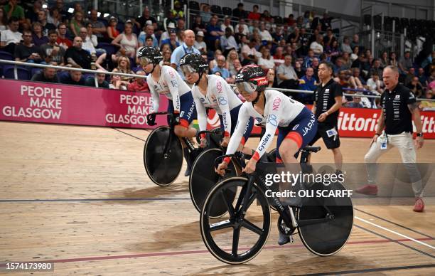 Japan take part in a women's Elite Team Sprint qualification race at the Sir Chris Hoy velodrome during the Cycling World Championships in Glasgow,...
