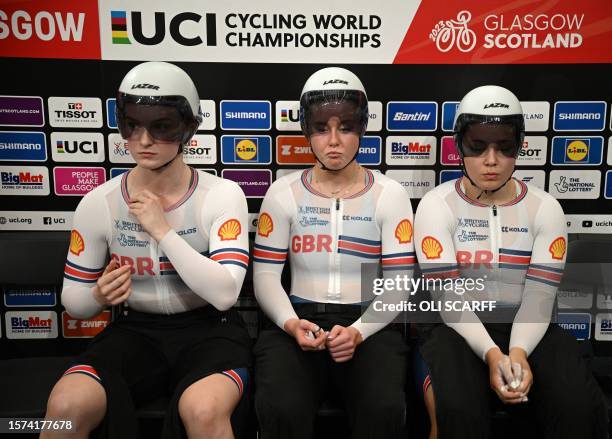 Great Britain riders prepare to take part in a women's Elite Team Sprint qualification race at the Sir Chris Hoy velodrome during the Cycling World...