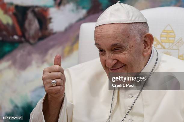 Pope Francis upon arrival for a meeting with young people of Scholas Occurrentes on 3 August, 2023 in Cascais, Portugal. Pope Francis visits Portugal...