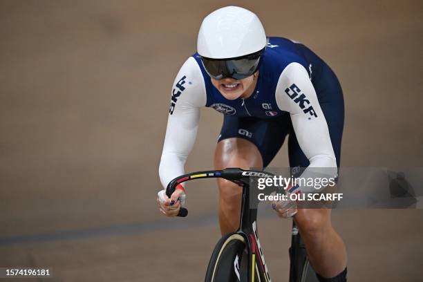 France's Mathilde Gros takes part in a women's Elite Team Sprint qualification race at the Sir Chris Hoy velodrome during the Cycling World...