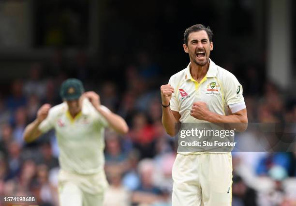Mitchell Starc of Australia celebrates after dismissing Harry Brook of England during Day One of the LV= Insurance Ashes 5th Test Match between...