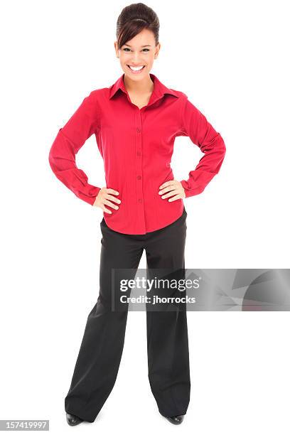 attractive young businesswoman in red - red shirt stockfoto's en -beelden