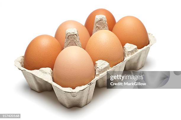 six brown eggs in a carton isolated on white - carton stock pictures, royalty-free photos & images