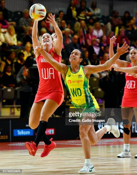 Natalie Metcalf of England and Ash Brazill of Australia during the Netball World Cup 2023, Pool F match between Australia and England at Cape Town...