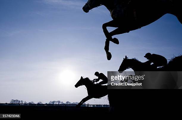 silhouette von rennpferden springen einen zaun - jockey stock-fotos und bilder