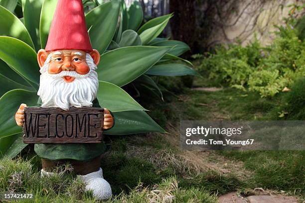 classic garden gnome with welcome sign - introduction stockfoto's en -beelden