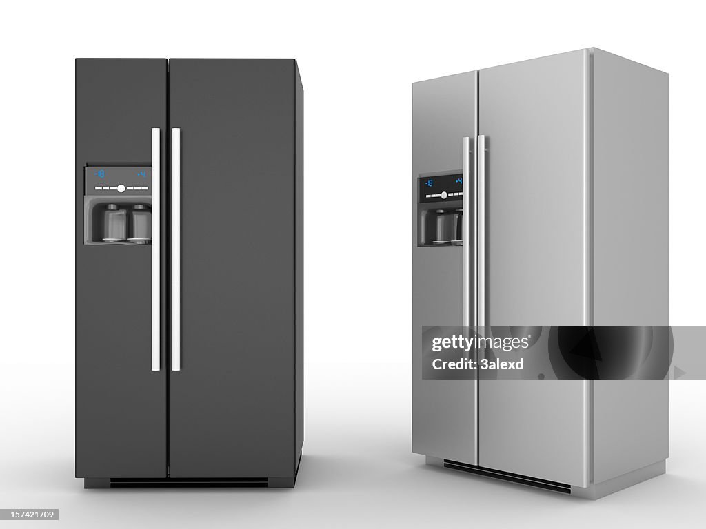 A black refrigerator and a silver refrigerator