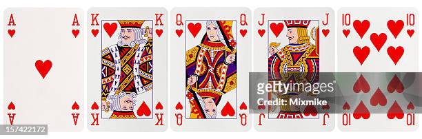 royal flush hearts - queen card stock-fotos und bilder