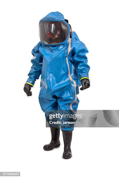 man wearing chemical protection suit - stralingspak stockfoto's en -beelden