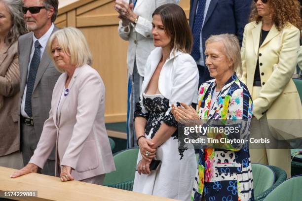 Sue Barker, Julia Lemigova and Martina Navratilova in the royal box at the Ladies' Singles Final match on Centre Court during the Wimbledon Lawn...