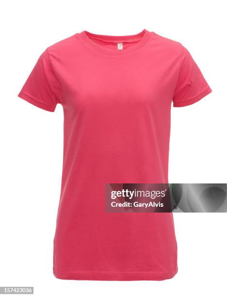 lady's blank pink t-shirt front-isolated on white w/clipping path - pink shirt stock pictures, royalty-free photos & images