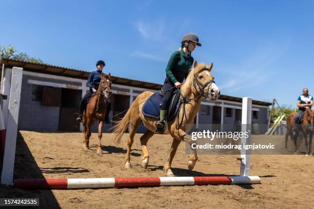 girls riding horses - kastanjebruin paardenkleur stockfoto's en -beelden