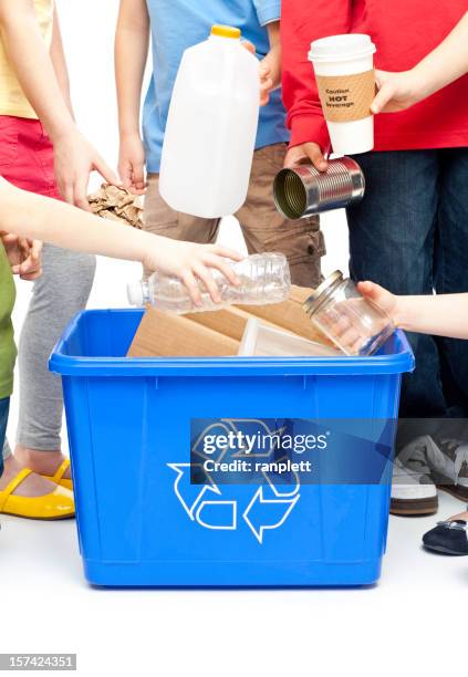children recycling isolated - garbage bin stock pictures, royalty-free photos & images