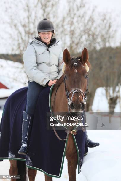 winter horseback riding, norway - equestrian helmet stock pictures, royalty-free photos & images