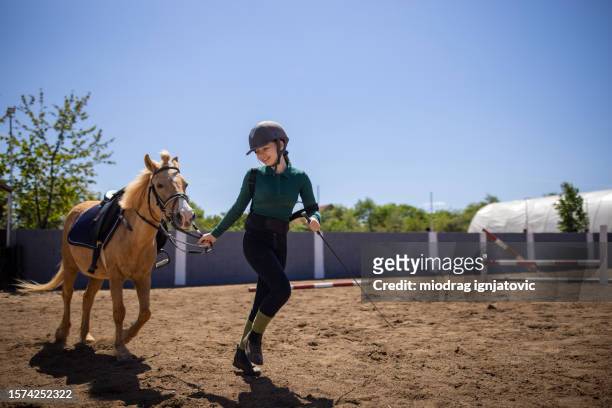 girl running with her horse - kastanjebruin paardenkleur stockfoto's en -beelden