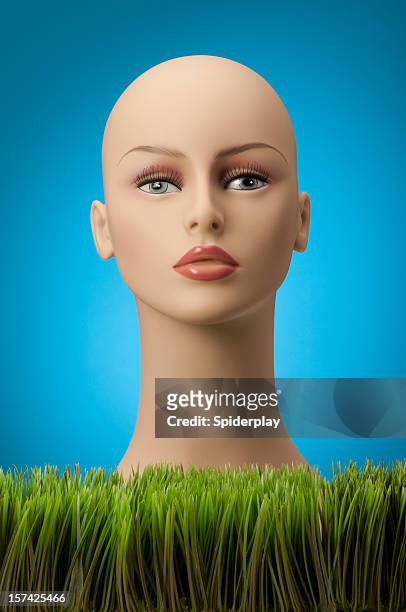 female mannequin head with grass - mannequin stockfoto's en -beelden