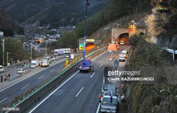 Picture shows a view of the Sasago tunnel along the Chuo highway near the city of Otsuki in Yamanashi prefecture, 80 kms west of Tokyo on December 3,...