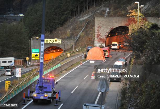 Picture shows a view of the Sasago tunnel along the Chuo highway near the city of Otsuki in Yamanashi prefecture, 80 kms west of Tokyo on December 3,...