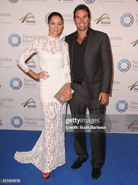 Pat Rafter and wife Lara Feltham arrive ahead of the 2012 John Newcombe Medal at Crown Palladium on December 3, 2012 in Melbourne, Australia.