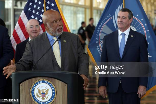 Rep. Bennie Thompson speaks as Secretary of Homeland Security Alejandro Mayorkas and TSA Administrator David Pekoske listen during an announcement on...