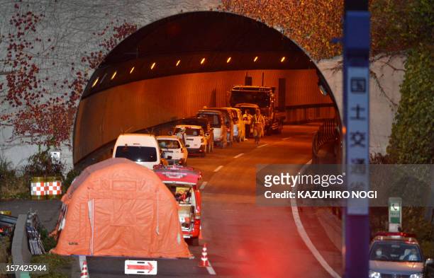 Picture shows the entrance of the Sasago tunnel along the Chuo highway near the city of Otsuki in Yamanashi prefecture, 80 kms west of Tokyo on...