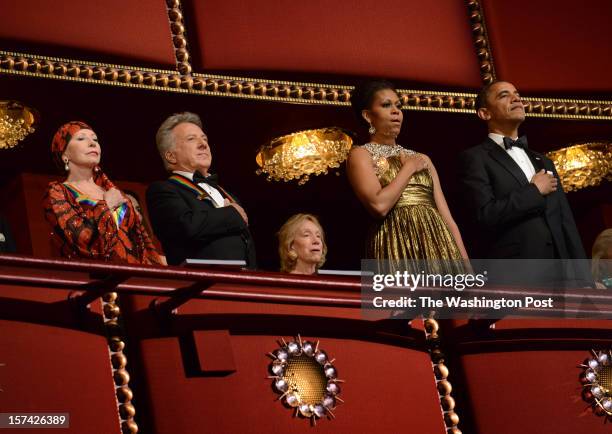 Ballerina Natalia Makarova, actor Dustin Hoffman, First Lady Michelle Obama and President Barack Obama during the national anthem at the 35th Annual...