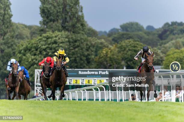 Rob Hornby on Nothing to Sea competes in The George Lindon-Travers Memorial Handicap Stakes at Sandown Park on July 27, 2023 in Esher, England.