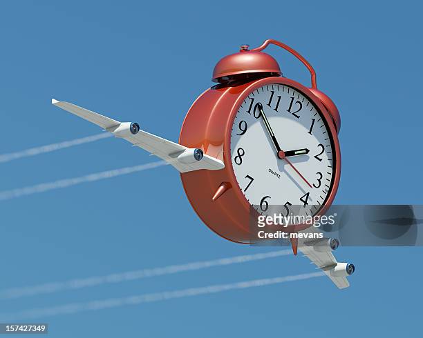 illustration of a clock with airplane wings - time travel stock pictures, royalty-free photos & images