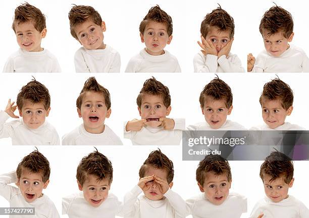 niño atractivo joven haciendo 15 diferentes caras. - serie de emociones fotografías e imágenes de stock