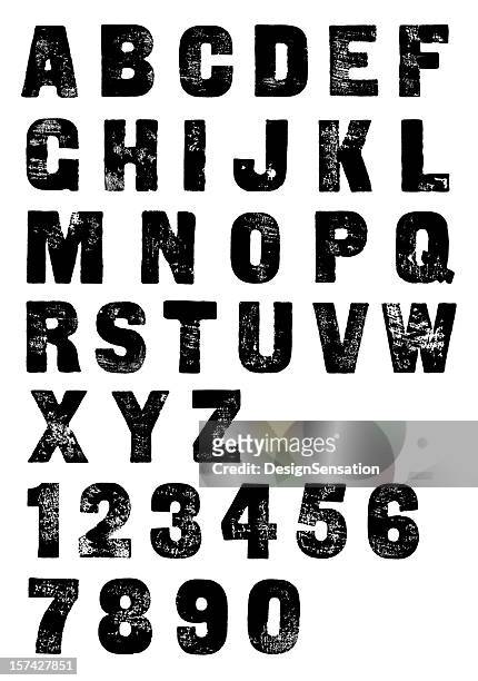 classic letterpress poster font - hand printed alphabet and numbers - letterpress stock pictures, royalty-free photos & images