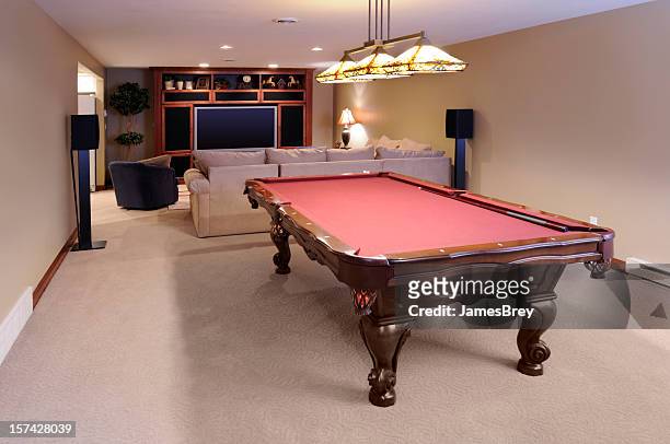modern game room; pool table, custom lighting, hdtv, surround sound - basement stock pictures, royalty-free photos & images