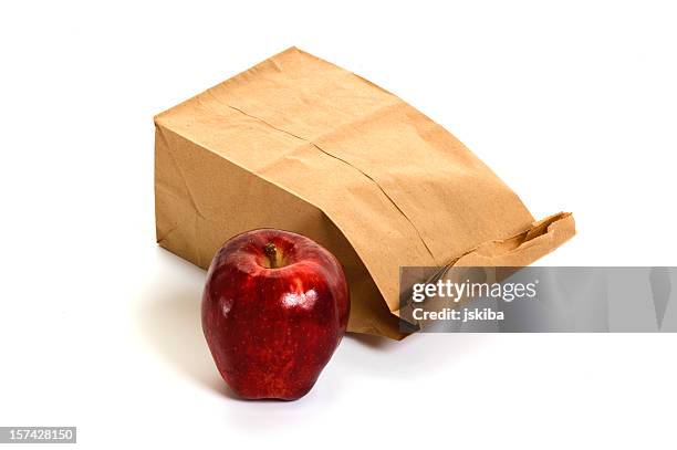 frugal paper bag lunch - lunch bag white background stock pictures, royalty-free photos & images