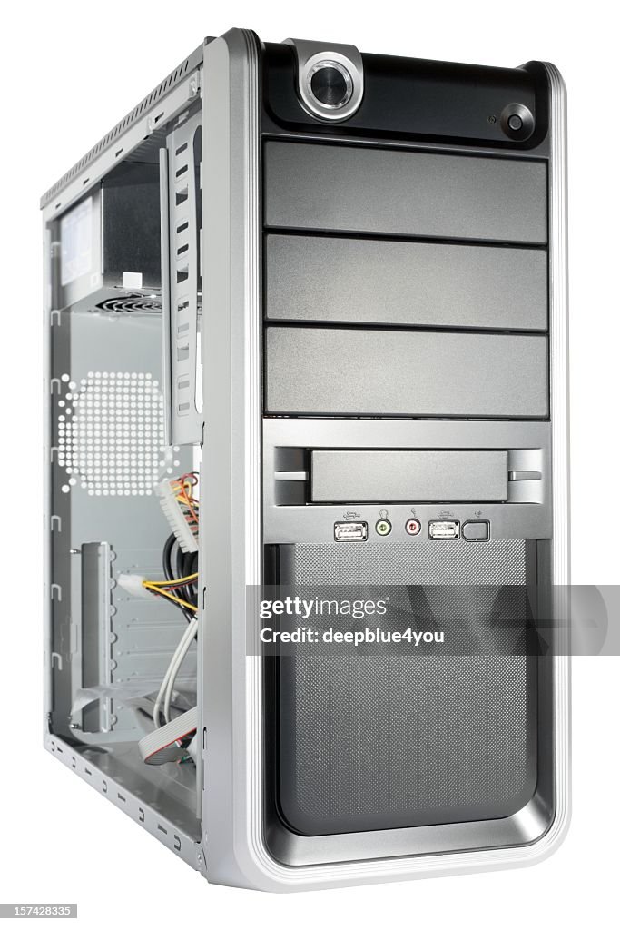 New isolated PC case frontview close up