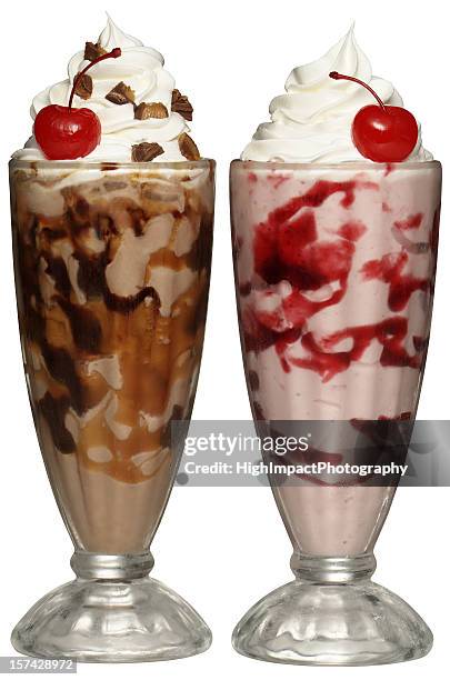 chocolate and cherry milkshakes - ice cream sundae stock pictures, royalty-free photos & images