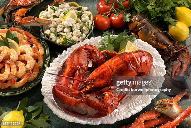 assortment of  shellfish seafood - crab seafood stockfoto's en -beelden