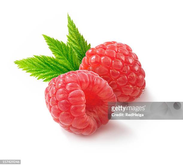 raspberries two with leafs - juicy raspberry stock pictures, royalty-free photos & images