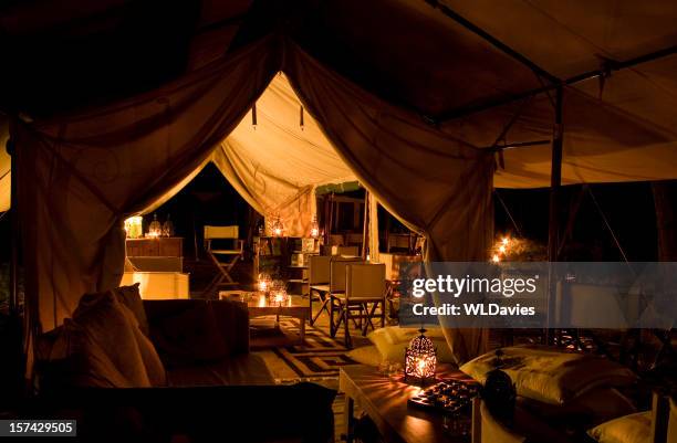 safari camp zelt bei nacht - safari lodge stock-fotos und bilder