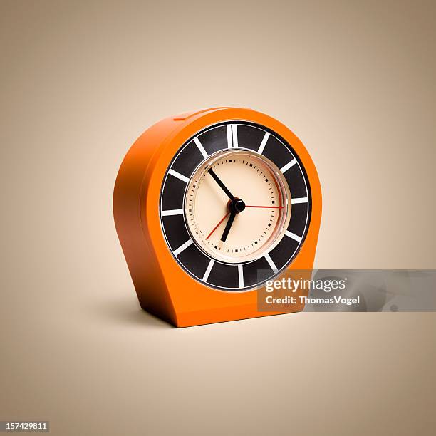 retro alarm clock. time vintage style art background - orange alarm clock stock pictures, royalty-free photos & images