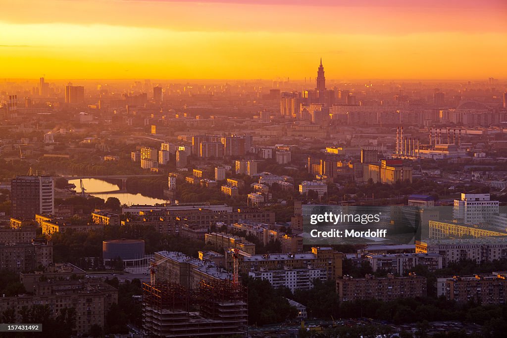 City at sunset. Bird's eye view