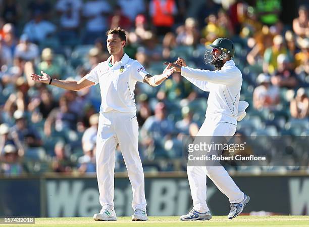 Dale Steyn of South Africa celebrates winning the match with Hashim Amla after taking the wicket of Nathan Lyon of Australia during day four of the...