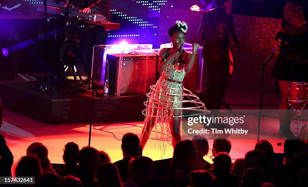 Shingai Shoniwa of Noisettes perfoms at the British Olympic Ball at the Grosvenor Hotel on November 30, 2012 in London, England.