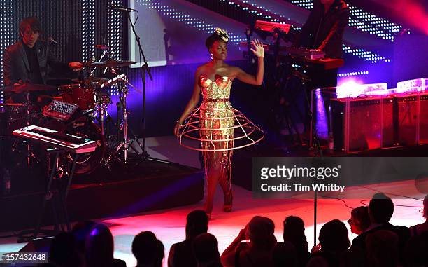 Shingai Shoniwa of Noisettes perfoms at the British Olympic Ball at the Grosvenor Hotel on November 30, 2012 in London, England.