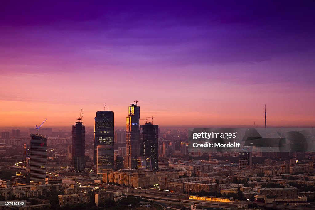 Cityscape at sunset. Aerial view