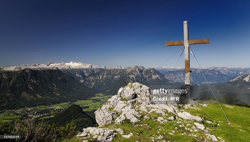 Summit Cross with Austrian Alps Panorama and Glacier Dachstein (Trisselwand)