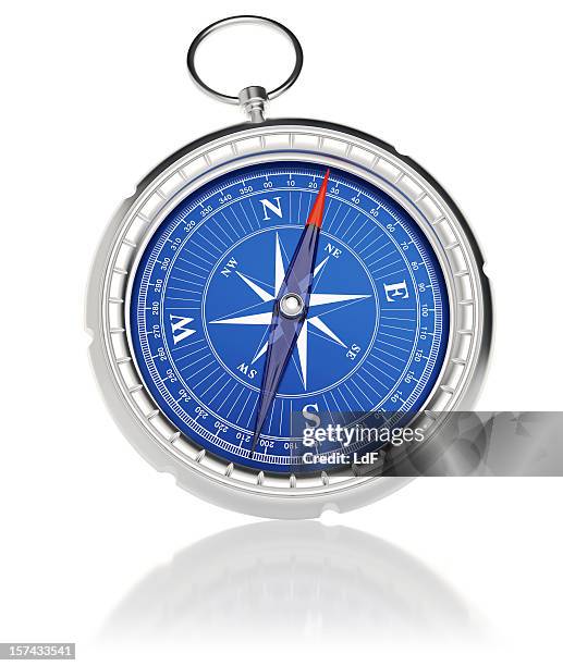 compass on white with reflection - modern compass stockfoto's en -beelden