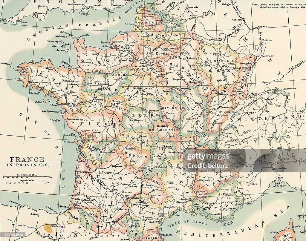 Provinces of France on a vintage map