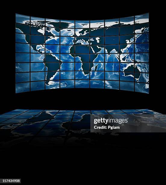 tv movie panels showing the continents - movie world stockfoto's en -beelden