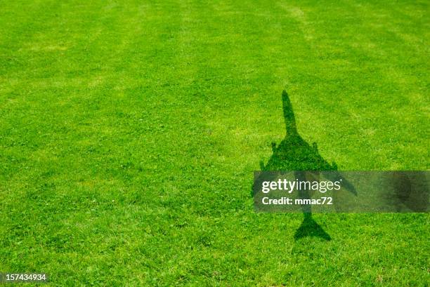 grass with airplane shadow - plane shadow stock pictures, royalty-free photos & images