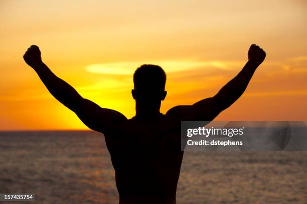 muscular man silhouetted against sunset - toughness man stock pictures, royalty-free photos & images