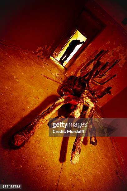 man and surreal creature in abandoned room - ugly spiders stock pictures, royalty-free photos & images